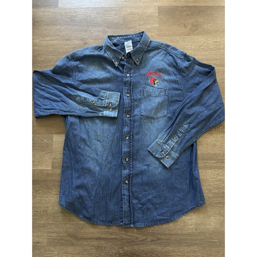 Vintage Louisville Cardinals Denim Long Sleeve‎ Shirt Mens XL Blue Cotton VTG